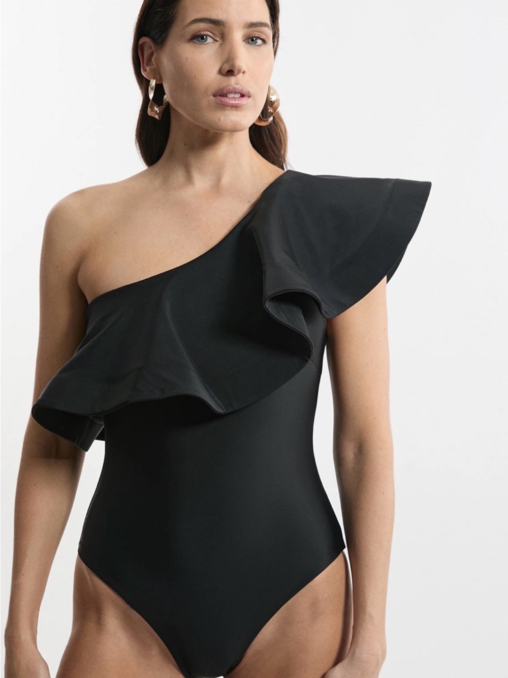H&M Black One-Shoulder Ruffle Swim One-Piece